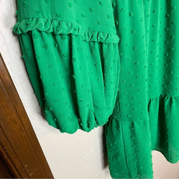 CeCe Green Long Sleeve V-Neck Ruffled Clip Dot Dress Size Medium Lined - Picture 4 of 6